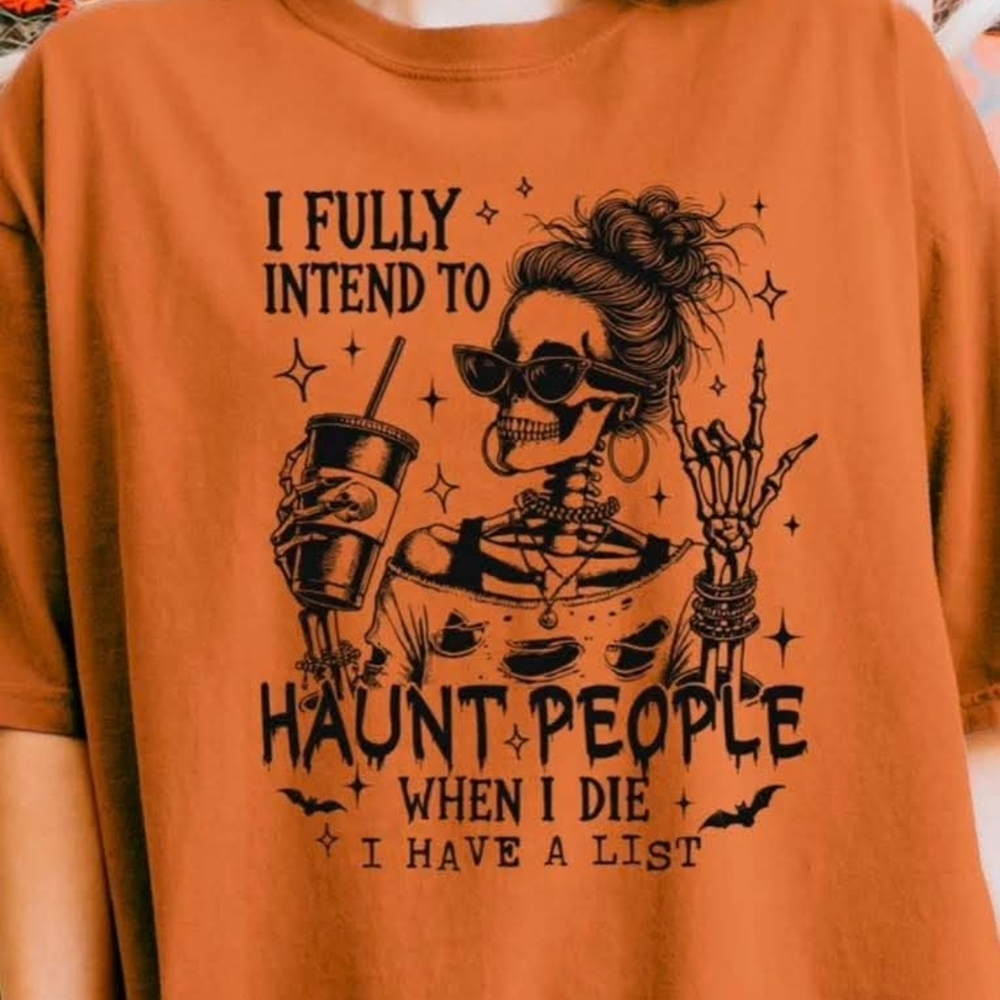 Orange Graphic Tee with Skeleton Design